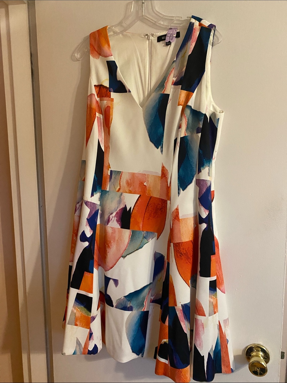 Ellen Tracy White Abstract Midi Dress with Orange and Blue Accents